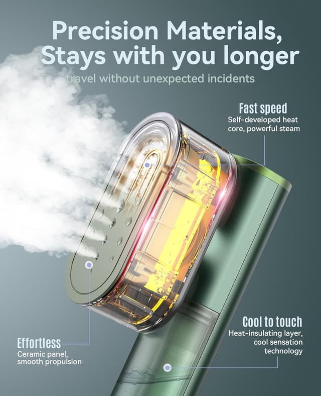 Detalle de Jack & Rose dual-voltage travel clothes steamer (100–240V) with 15s heat-up and 2-in-1 dry/wet ironing