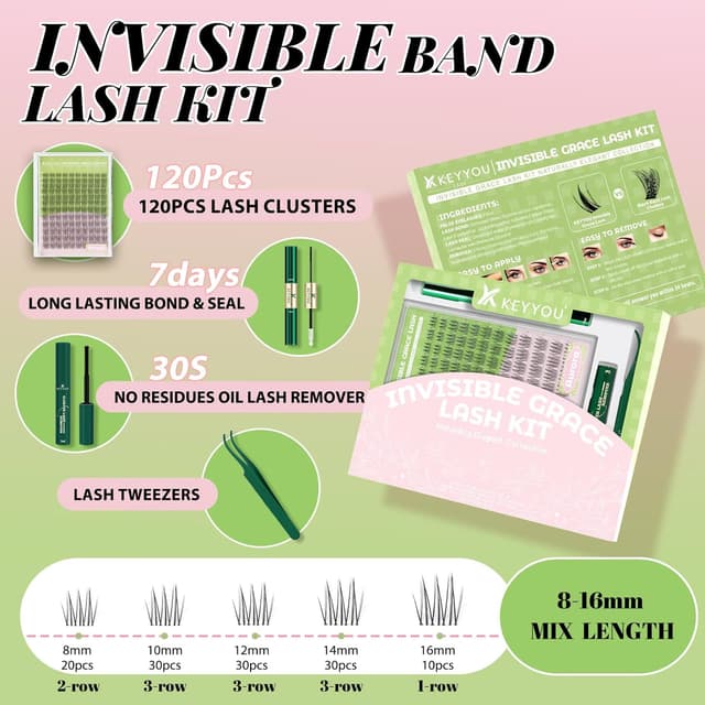 Detalle 2 de KEYYOU Aurora Lash Clusters Kit (Fairy Lash, C Curl) — 120-Piece Invisible Band Wispy Extension Set for DIY