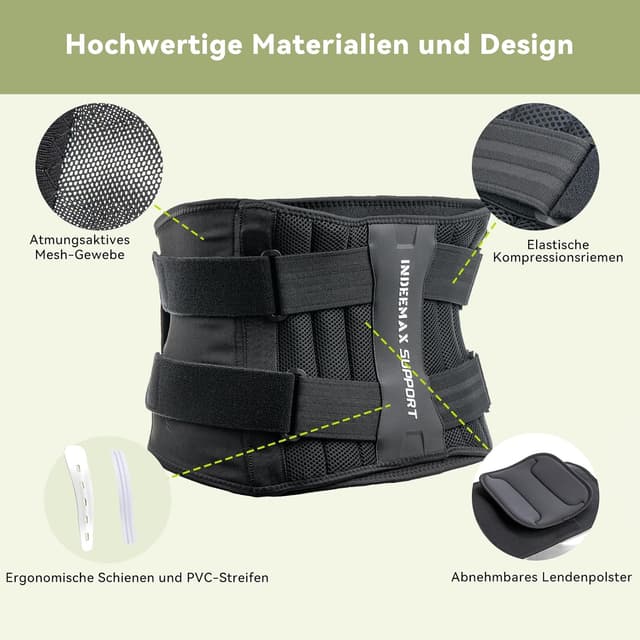 Detalle de INDEEMAX Rückenstützgürtel mit 3D-Lordosenpolster – verstellbare Lendenwirbelstütze für Rücken und LWS
