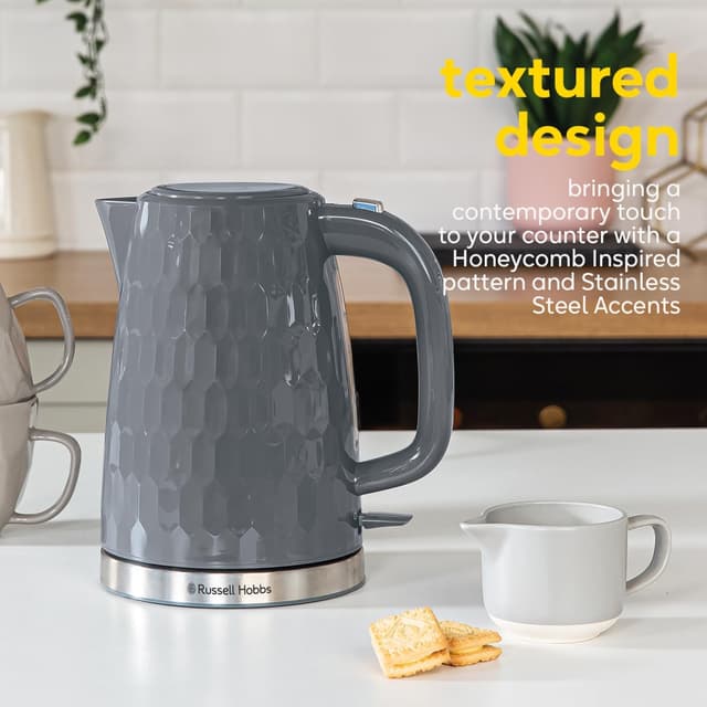 Detalle de Russell Hobbs Honeycomb 1.7L Cordless Electric Kettle (26053) – grey plastic, fast boil 3KW
