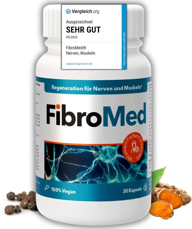 Detalle de FibroMed® – Kapseln mit Vitamin B6, B12, Folsäure, D3, Omega-3 & Pflanzenextrakten (vegan) – 30 Kapseln