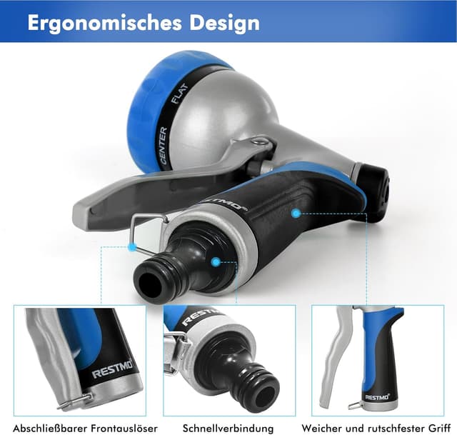 Detalle 2 de RESTMO Gartenbrause aus Metall mit 7 Sprühmuster und einstellbarem Wasserdurchfluss (Hochdruck-Handbrause, blau)