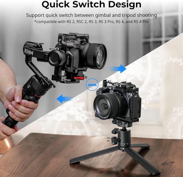 Detalle de SMALLRIG Z50 II Cage pour Nikon Z50 II (4980) : cage aluminium, fixation 1/4"-20 et plaque Arca-Swiss