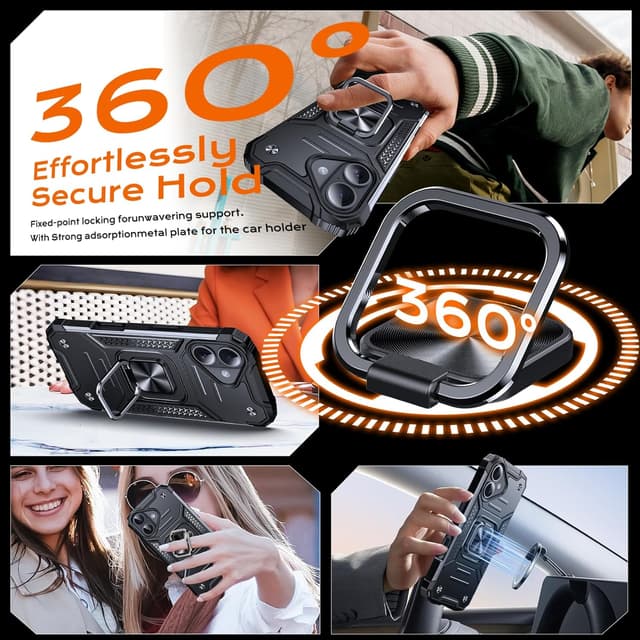 Detalle 2 de Anqrp Armor Handyhülle für iPhone 16 mit Ring-Ständer & Stoßschutz (Schwarz)