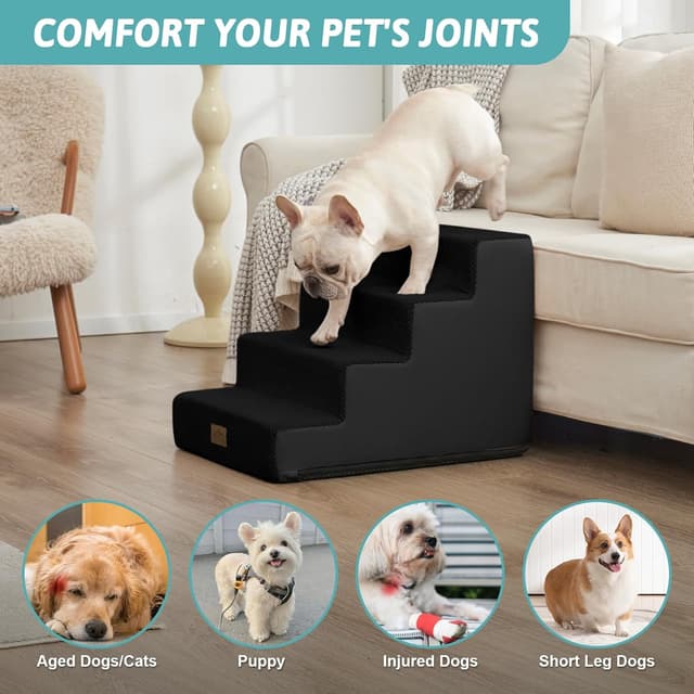 Detalle de COZY KISS wide dog stairs for small dogs – non-slip pet steps for beds, sofas and car (Black, 40x60x45cm, 4 steps)