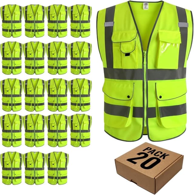 Detalle de JKSafety 9-Pocket Class 2 High-Visibility Zipper Safety Vest (ANSI/ISEA 107 Class 2 Type R) — Large, 150-Yellow