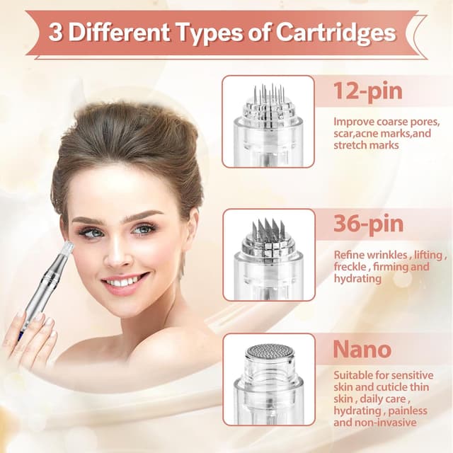 Detalle de Dessnill 8-Speed Electric Microneedling Pen with 0-2.5mm needles, LCD, LED lights and 12 hyaluronic acid serum cartridges