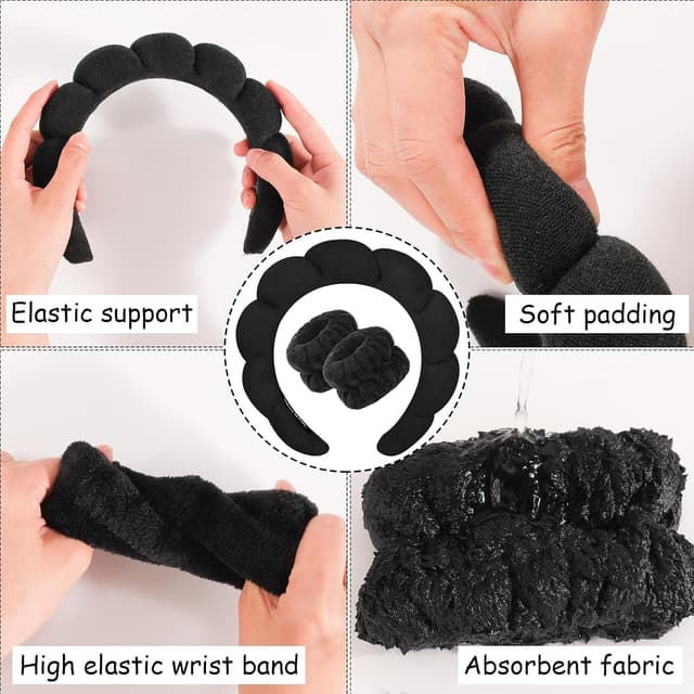 Detalle de Zkptops Spa Headband & Wristband Set for Face Washing (Black) — Terry Cloth Hair Accessory