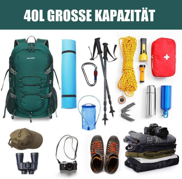 Thumbnail 6 de BECOJADDE Faltbarer Wanderrucksack 40L (Wasserdicht) – Ultraleicht mit Nassfach