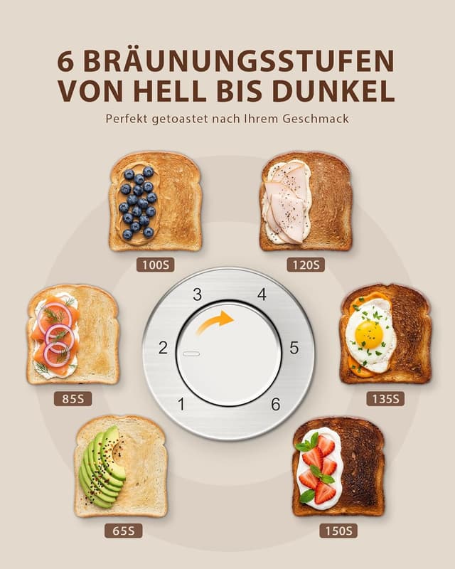 Detalle 2 de Edelstahl 2-Scheiben-Toaster mit LED-Countdown & 3,5-cm-Schlitzen, 6 Bräunungsstufen und Brötchenaufsatz (silber)