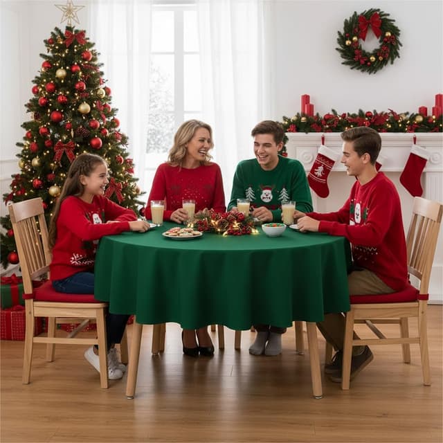 Detalle 2 de sancua Round Tablecloth (60 Inch) - Water Resistant, Spill Proof, Washable Polyester in Hunter Green