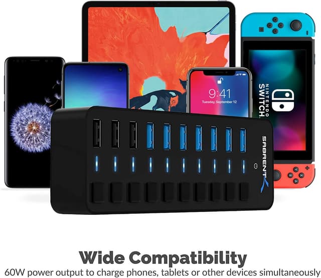 Detalle 2 de SABRENT Hub USB 10 porte (HB-B7C3) con 3 porte USB 2.0 e alimentatore 60W