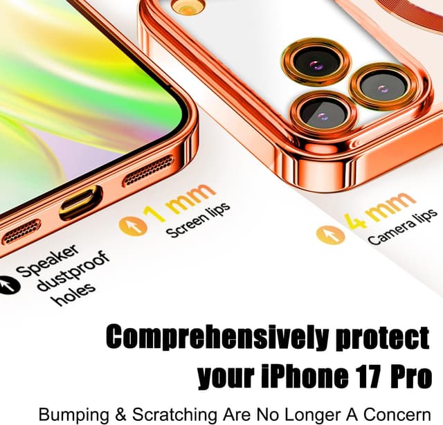 Detalle de Misscase Magnetic for iPhone 17 Pro Clear Case with Camera Lens Protector & Privacy Screen (Orange edges)