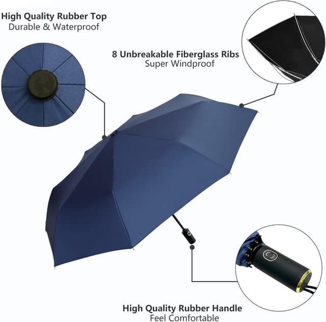 Detalle de CUBY Travel Umbrella Folding Umbrella with One-Touch Open/Close, Windproof Frame and UV-Resistant Canopy