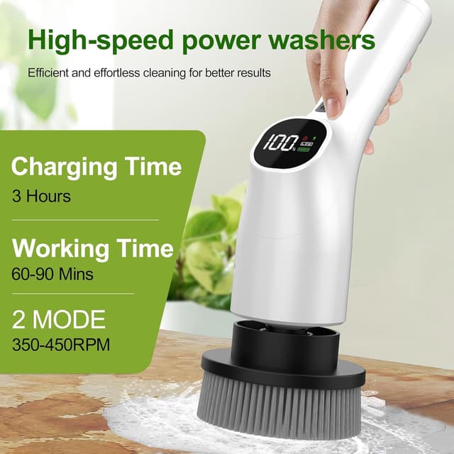 Detalle 2 de Vicmayun Elektrische Reinigungsbürste mit 7 Wechselbürsten, IPX7 & verstellbarem Griff (30–120 cm)