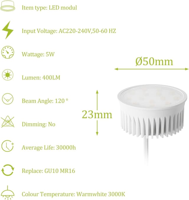 Detalle de KYOTECH 6er Set LED Modul Warmweiß 3000K, 50 mm, 5 W, 230 V (Ultra flach, für GU10 & MR16) – 400 lm, 120°
