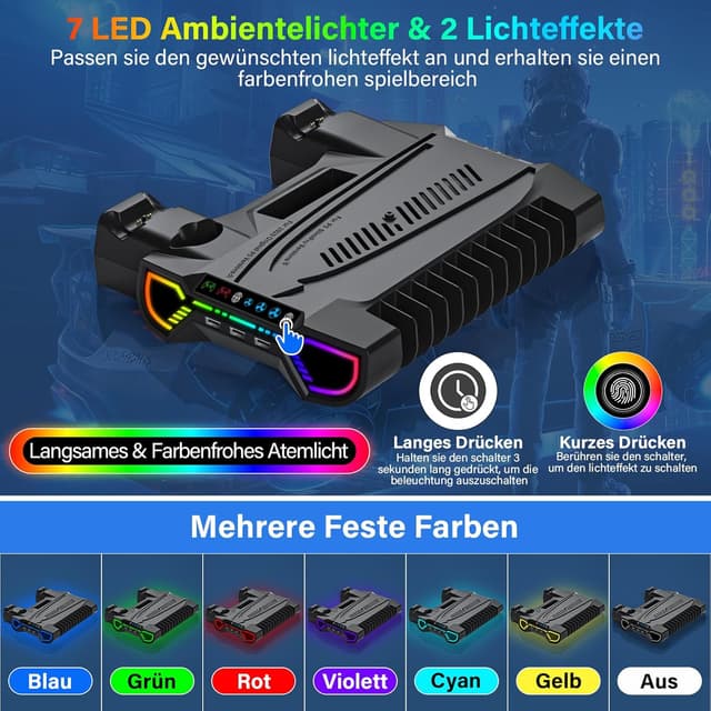 Detalle de ZRZLMVP PS5/PS5 Slim/PS5 Pro Ständer mit Controller-Ladestation, Lüfter & 3-USB-Hub (RGB) – Schwarz