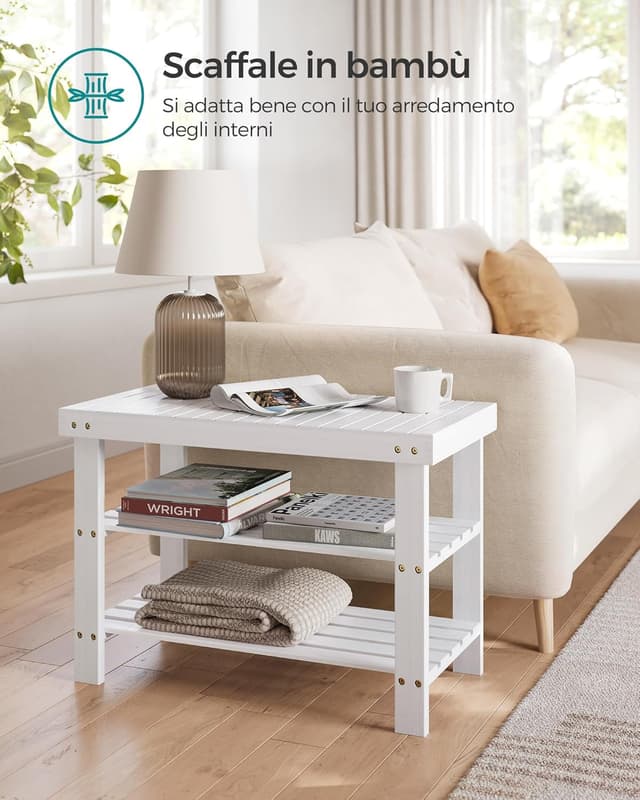 Detalle de SONGMICS Panca Portascarpe in bambù a 3 livelli LBS004W01, bianca