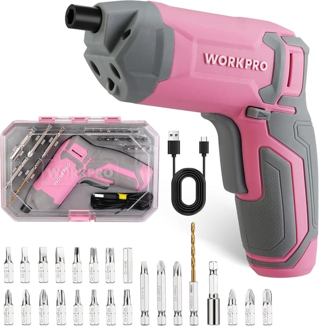 Detalle de WORKPRO Avvitatore elettrico da 3,6 V con 7 Nm, LED e ricarica USB (rosa)