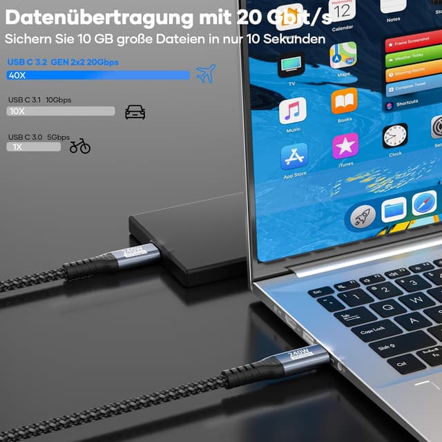 Detalle de USB‑C Datenkabel (30 cm) mit 20 Gbit/s, 240 W und Video 4K@144 Hz/5K@60 Hz