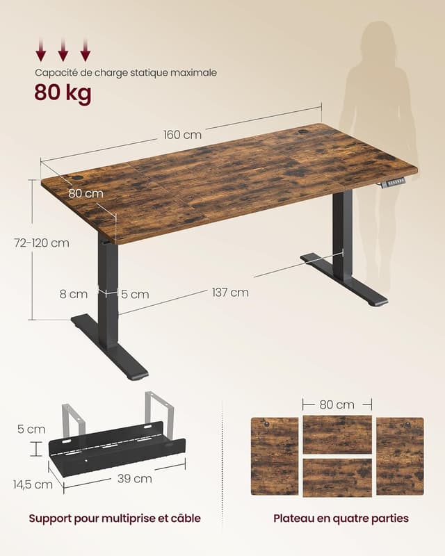 Detalle de VASAGLE LSD146KD02 Bureau électrique réglable 160×80 cm