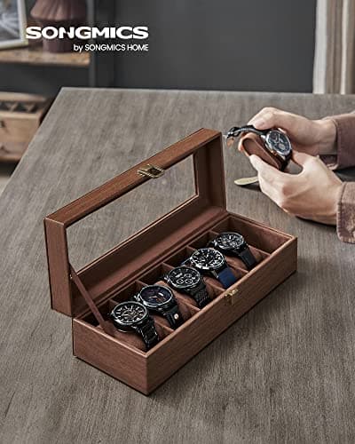 Detalle 2 de SONGMICS JWB006K01: caja para 6 relojes con tapa de cristal y cojín extraíble