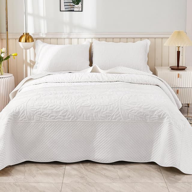 Detalle 2 de MarCielo 3-Piece 100% Cotton Oversized Bedspread Quilt Coverlet Set (Bright White, Oversized King)