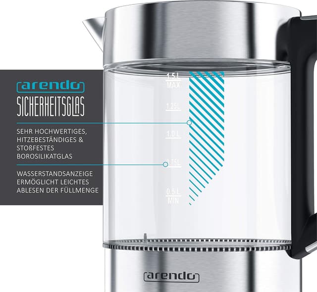 Detalle de Arendo Glas-Wasserkocher mit Temperatureinstellung und Warmhaltefunktion (1,5 l, 2200 W)