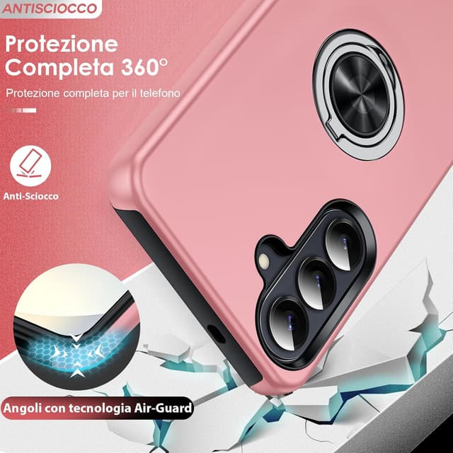 Detalle 2 de LeYi Cover per Samsung Galaxy S26 Plus con 2 vetri temperati e anello girevole 360° (TPU+PC) rosa