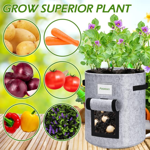 Detalle de Potato Grow Bags 4 Pack (15 Gallon) Breathable Planter Bags with Handle – 2 Black & 2 Grey