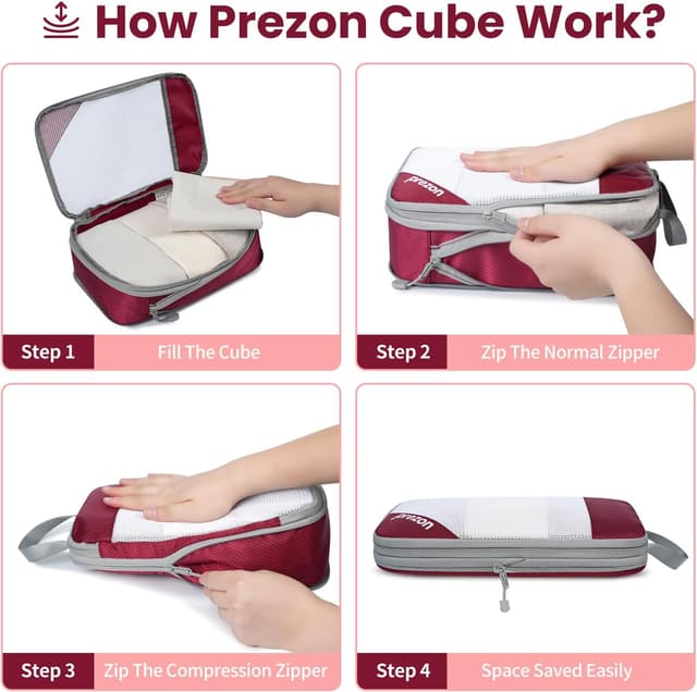 Detalle de Prezon Versatile 6-Set Compression Hollow Packing Cubes with Full Open Visible Design (Burgundy)