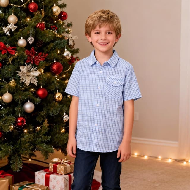 Detalle 2 de Bienzoe Boys Checked Shirt for Son – Kids short sleeve button-up for school and occasions