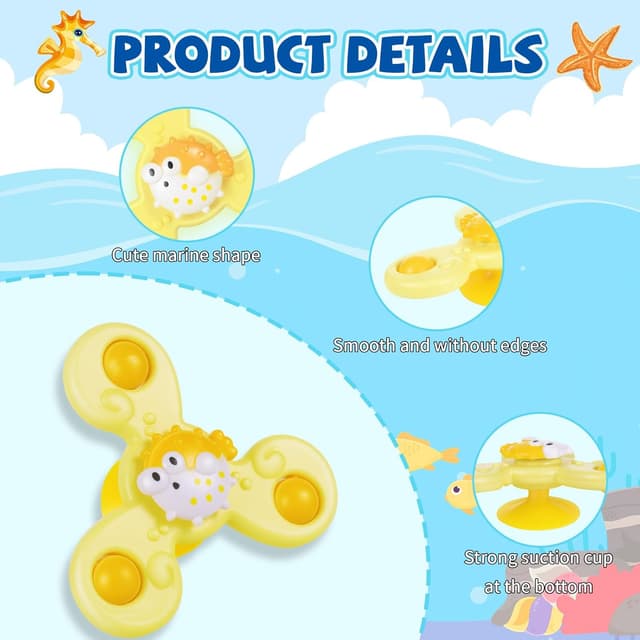 Detalle de TranRantic 3er-Set Saugnapf-Spielzeug zum Drehen (Delfin, Oktopus, Kugelfisch) fürs Bad & unterwegs