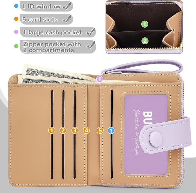 Detalle de Busnos Damen-Geldbörse klein: Blüten-Design in Violett mit Münzfach & Kartenfächern