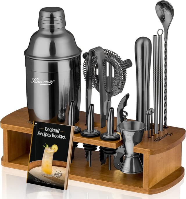Detalle de KITESSENSU Cocktail Shaker Set Bartender Kit with Stand (15-Piece) in Black