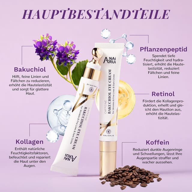 Detalle de ANAiRUi Bakuchiol Straffende Augencreme mit Koffein & Peptiden (Metall-Applikator)