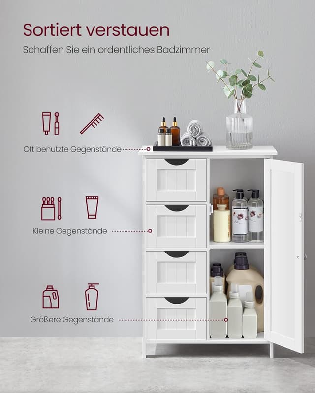 Detalle de VASAGLE Badezimmerschrank LHC41W mit 4 Schubladen, Tür & verstellbarer Ablage (30 x 55 x 82 cm) – schmaler Badschrank