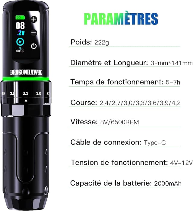 Detalle 2 de Dragonhawk L3 machine à tatouer rotative sans fil (7 courses) avec 2 batteries 2000 mAh