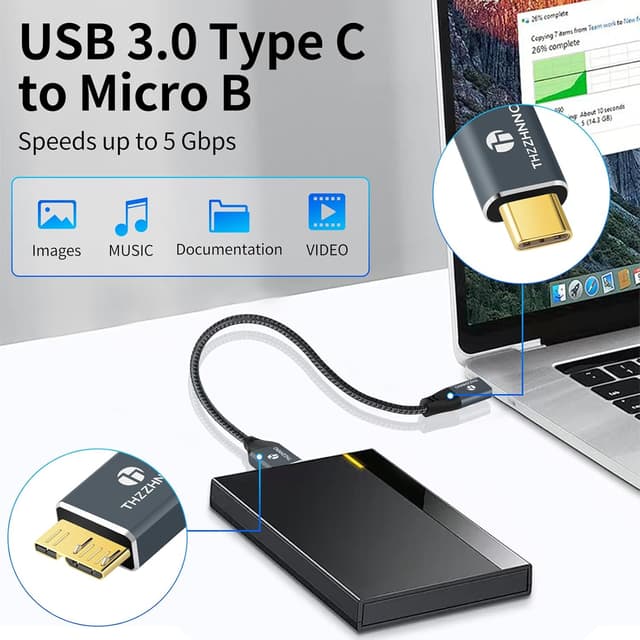 Thumbnail 6 de Thzzhnno USB‑C auf Micro‑B Kabel (2 m) mit 5 Gbit/s – für externe Festplatten und Geräte mit Micro‑USB‑3.0
