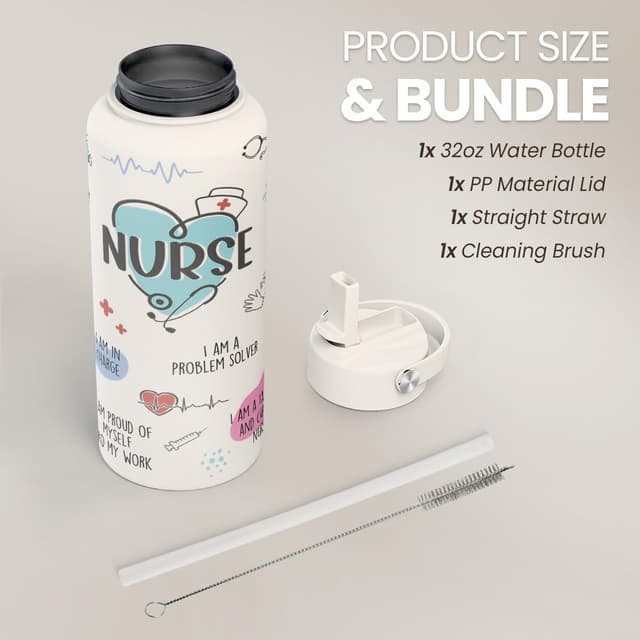 Detalle de Nurse Water Bottle 32oz Stainless Steel Insulated with Lid – Nurse Gifts for Female Nurses & Nursing Students