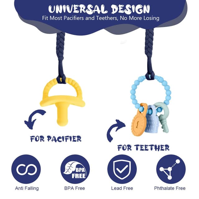 Detalle de Aolso Schnullerketten aus Baumwolle (4er Set) mit Clips & Silikonadaptern – Königsblau/Grün/Braun/Grau