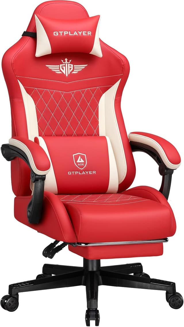 Detalle de GTPLAYER Chaise de gaming ergonomique en cuir synthétique rouge, support lombaire et dossier jusqu’à 150°