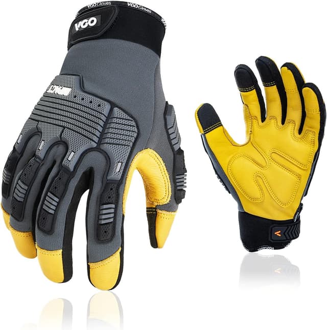 Detalle de Vgo Work Gloves for Men with Touchscreen Palm in Cowhide Leather (Heavy Duty, Anti-Impact) – 1 Pair (L)