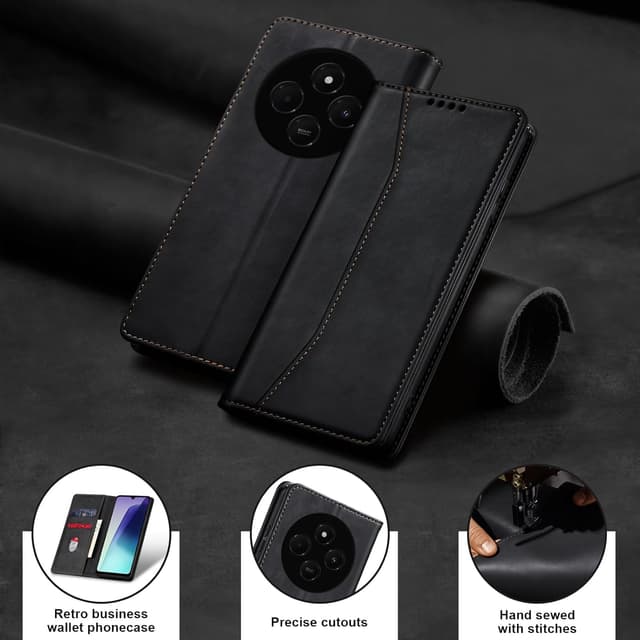 Thumbnail 6 de Jasonyu Handyhülle aus Leder-Optik für Xiaomi Poco C75 / Redmi 14C / Redmi A4 – Klapphülle mit Magnet, Kartenfächern und Standfunktion (Schwarz)