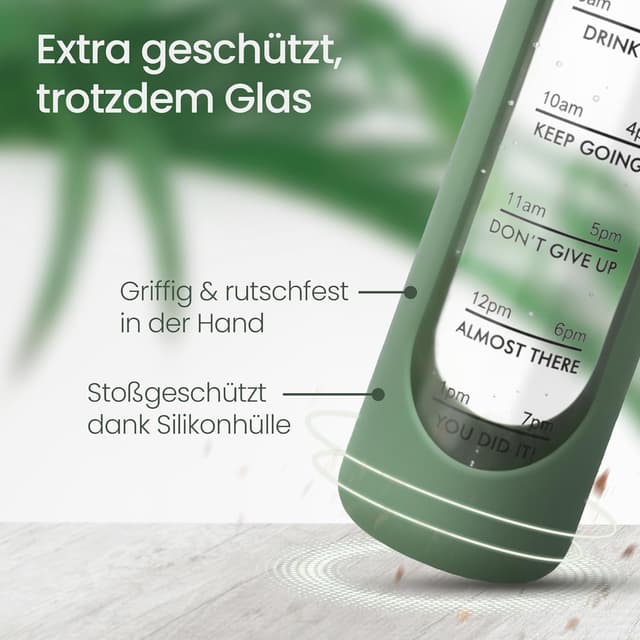 Detalle de Amalindo Trinkflasche Glas 1L (kohlensäuregeeignet) mit Bürste & Silikonhülle – Olivgrün