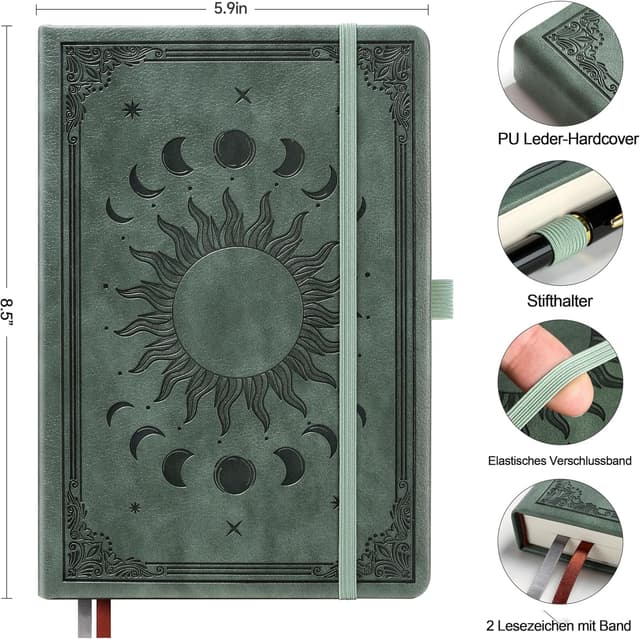 Detalle de HwxBen Bullet Dotted Journal mit Punktemuster, 256 Seiten (140 g/m²), PU-Hardcover – Premium Grau