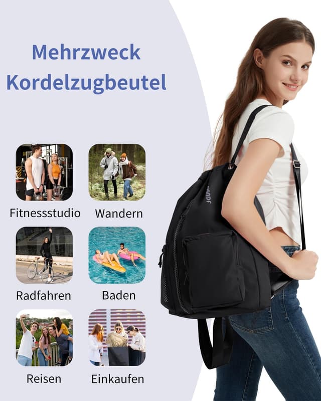 Detalle de WANDF Turnbeutel mit Schuhfach und Nassschutz – Sportbeutel mit Kordelzug, 24 Liter (Schwarz)