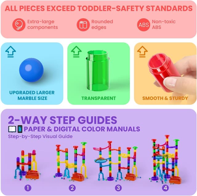 Detalle de Marble Run STEM Educational Toy Set (109pcs) with Transparent Tracks and 60 Marbles