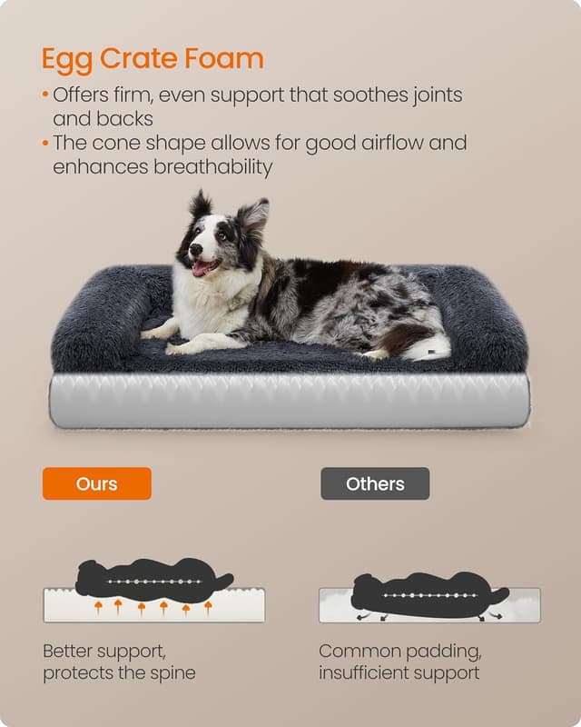 Detalle de Feandrea FluffyHug XL Dog Sofa Bed (Dark Grey) – egg crate foam with removable washable cover, 106 x 76 x 19 cm