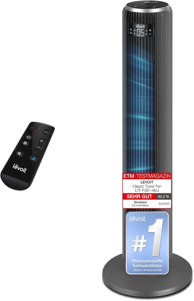 Detalle de Levoit leiser Turmventilator mit Kühlung, Oszillation & Fernbedienung – Schlafmodus, Timer (12 Std.) und 5 Stufen
